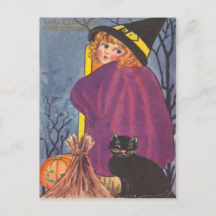 Postal Escoba de bruja Jack O Lantern Gato Negro Árboles