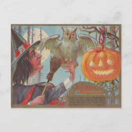 Postal Escoba de Bruja Jack O Linterna Búho Luna