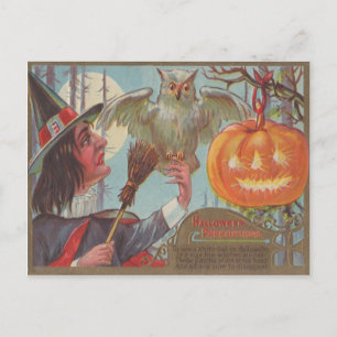 Postal Escoba de Bruja Jack O Linterna Búho Luna