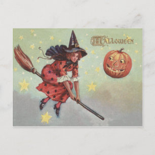 Postal Escoba de Bruja Jack O Linterna Estrellas Fugaces