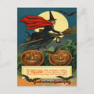 Postal Escoba de bruja volando jack o linterna gato negro