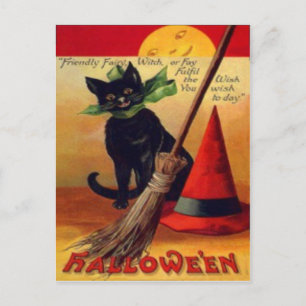 Postal Escoba de gato negro Sombrero de bruja Luna llena