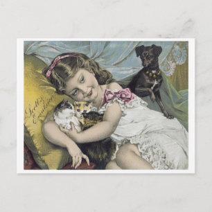 Postal Escocia emulación niña pequeña con perro y gato