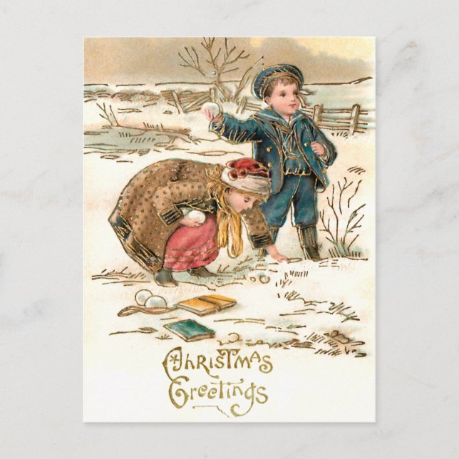 Postal Escolares vacíos juegan en nieve (Anverso)