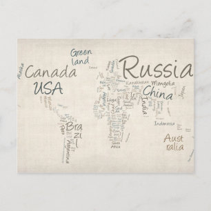 Postal Escribiendo mapa de texto del mapa mundial