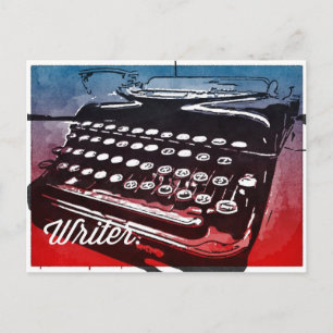 Postal Escritora con arte azul del pop rojo