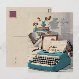 Postal Escritorio de máquina de escribir azul vintage per