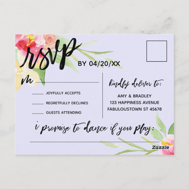 Postal Escritura a mano Boho Floral RSVP Canción solicitu (Reverso)