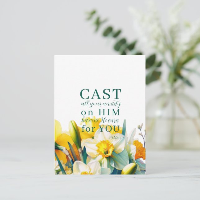 Postal Escritura floral 1 Peter 5:7 Postcard (Anverso de pie)