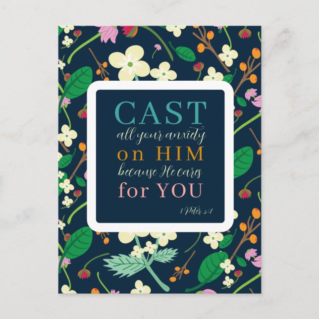 Postal Escritura floral 1 Peter 5:7 Postcard (Anverso)