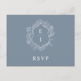 Postal Escudo Floral Azul Dusty Boda Monograma RSVP