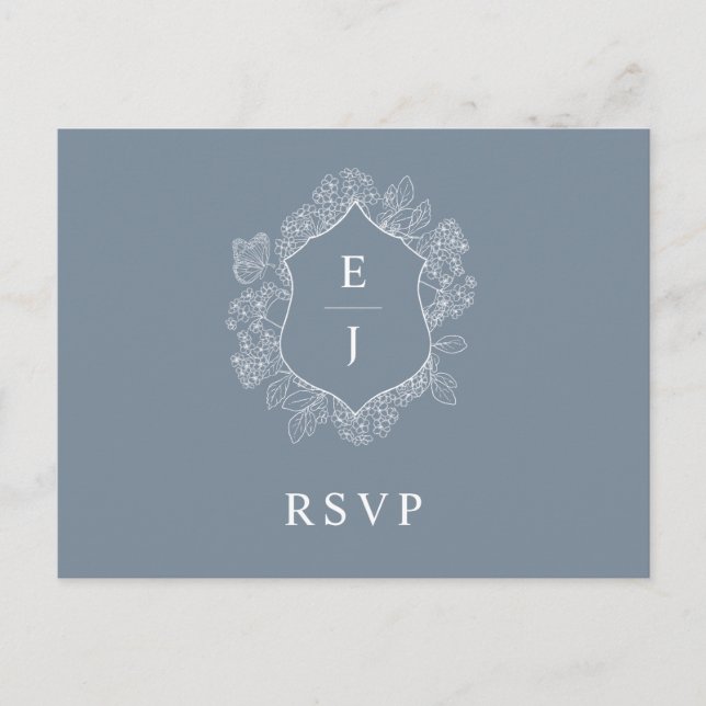Postal Escudo Floral Azul Dusty Boda Monograma RSVP (Anverso)