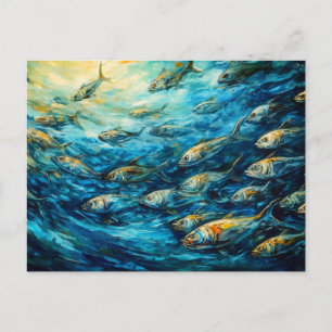 Postal Escuela de Peces en Pintura Oceánica Expresiva