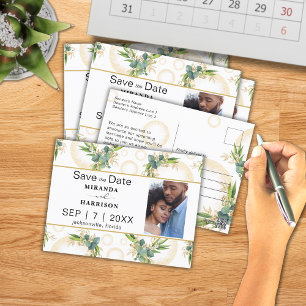 Postal Esferas doradas y Save the Date botánico de boda