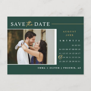 Postal Esmeralda Green Gold Save the Date Calendar QR Cod