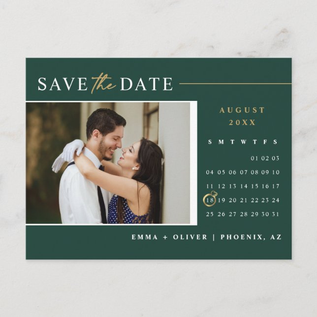 Postal Esmeralda Green Gold Save the Date Calendar QR Cod (Anverso)