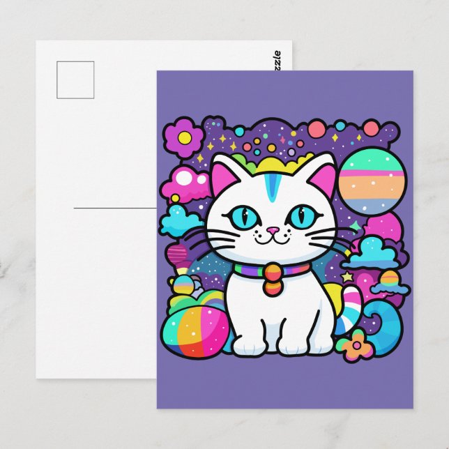Postal Espacio cósmico blanco lindo gato gatito (Anverso / Reverso)