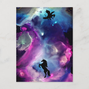 Postal Espacio fantástico nebulosa unicornio dragón azul 