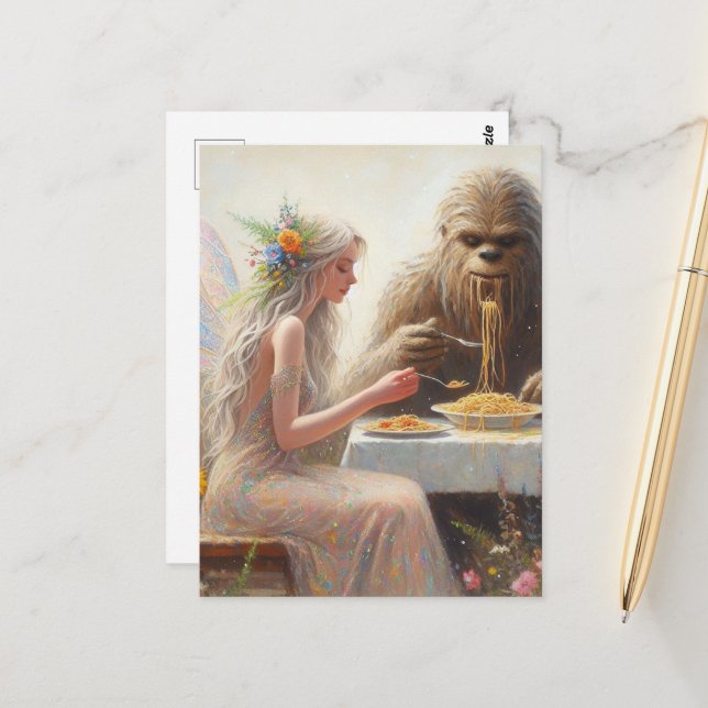 Postal Espagueti de comida de hadas y sasquatch (Anverso/Reverso In Situ)