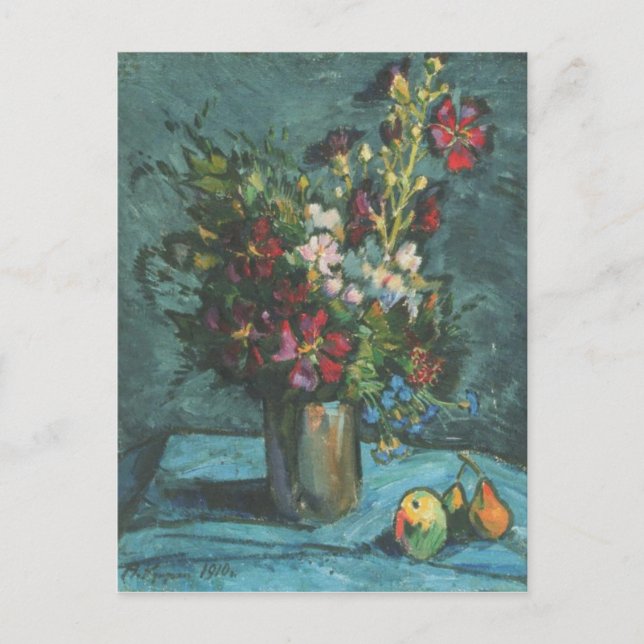 Postal Espaldas de época sobre flores de fondo negro rosa (Anverso)