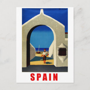 Postal España, costa española, pescador llegando al puebl