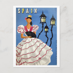 Postal España, ilustración, niña con traje típico y lámpa