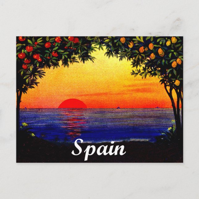 Postal España, verano romántico puesta de sol en la playa (Anverso)