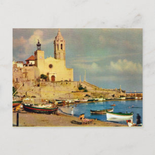 Postal España vintage, Sitges, Catedral y paseo marítimo