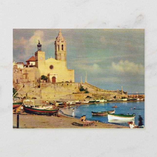 Postal España vintage, Sitges, Catedral y paseo marítimo (Anverso)