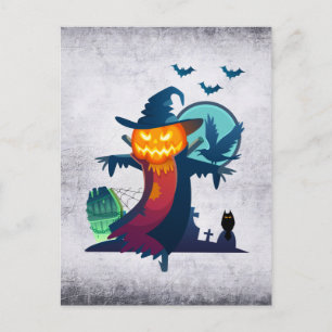 Postal Espantapájaros de Halloween con murciélagos, cuerv