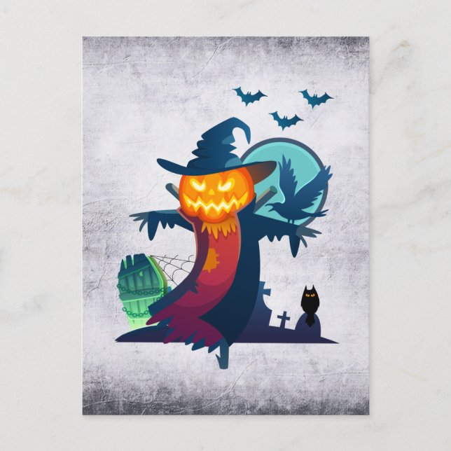 Postal Espantapájaros de Halloween con murciélagos, cuerv (Anverso)