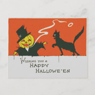 Postal Espantapájaros fumando Jack O' Lantern Gato Negro
