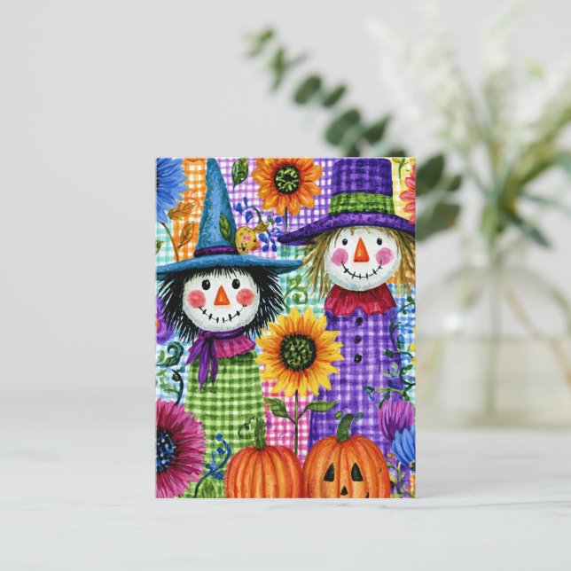 Postal Espantapájaros y calabazas, Halloween, (Anverso de pie)