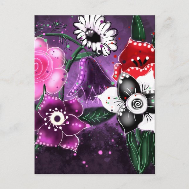 Postal Espectacular floral morado negro rosado margarita  (Anverso)