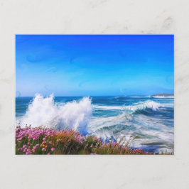 Postal Espectacular ola impresionista con flores rosas