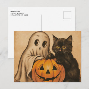 Postal Espeluznante Calabaza de gato negro fantasma de Ha