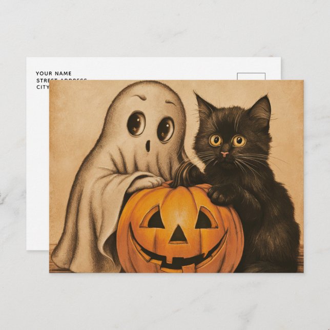 Postal Espeluznante Calabaza de gato negro fantasma de Ha (Anverso / Reverso)