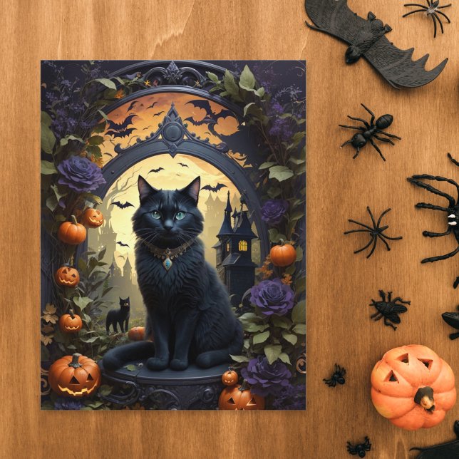 Postal Espeluznante Gato Negro Gótico Halloween (Subido por el creador)