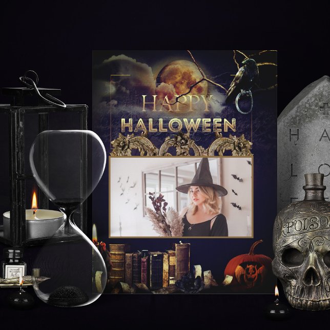 Postal Espeluznante Raven Gótico En Halloween Adulto De L (spooky adult gothic halloween invitations with full moon and pumpkin add your photo)