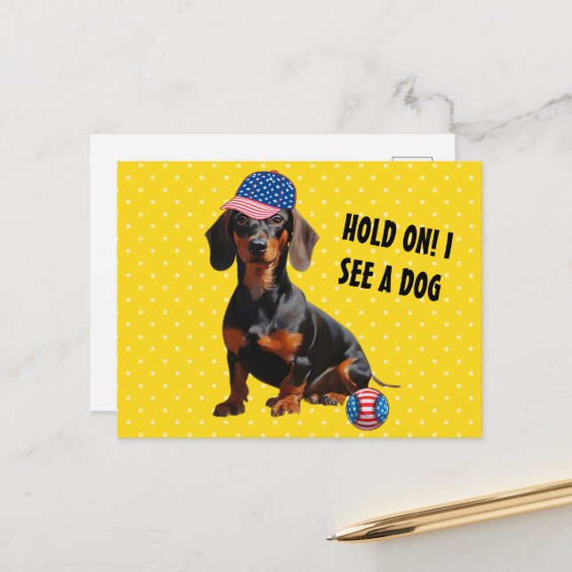 Postal Espera, veo a un perro dachshund con un gorra (Anverso/Reverso In Situ)