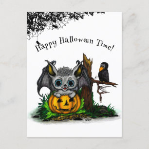 Postal Esperando Halloween , Cute Bat y Raven