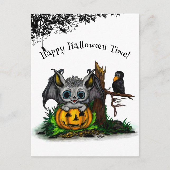 Postal Esperando Halloween , Cute Bat y Raven (Anverso)