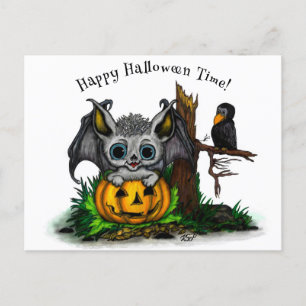 Postal Esperando Halloween , Cute Bat y Raven