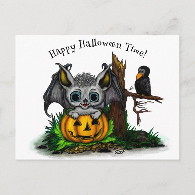Postal Esperando Halloween , Cute Bat y Raven (Anverso)