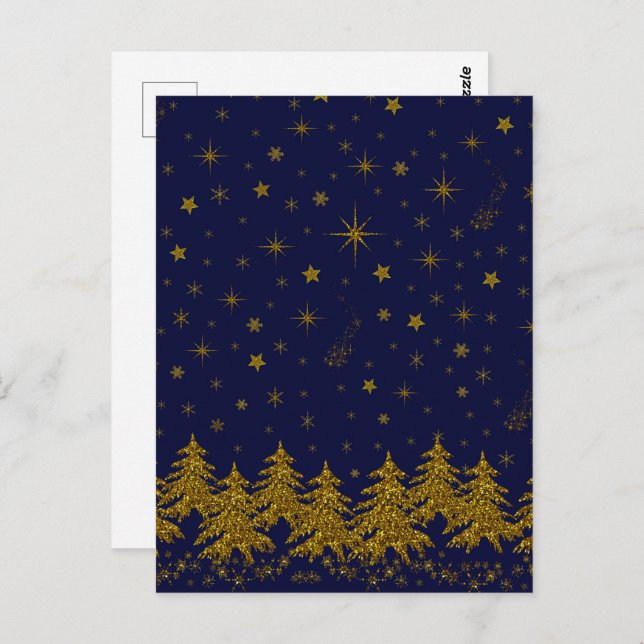 Postal Espinoso árbol de Navidad de oro, estrellas, nieve (Anverso / Reverso)