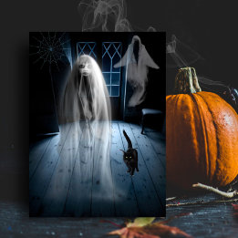 Postal Espinoso fantasma de Halloween y gato negro