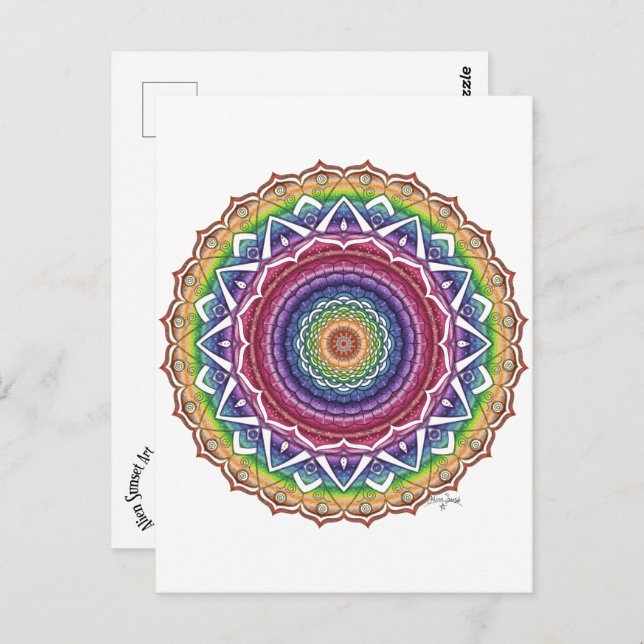 Postal Espiral arcoiris y flor geométrica Mandala (Anverso / Reverso)