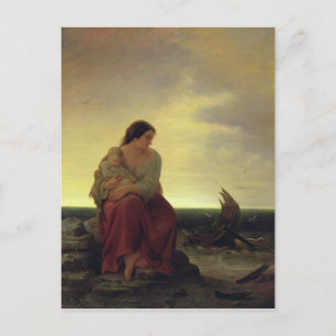 Postal Esposa de pescador de duelo en la playa