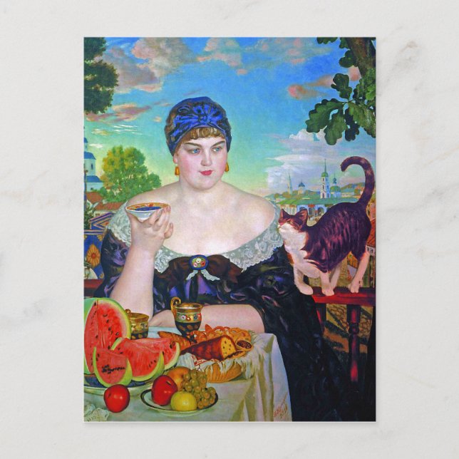 Postal Esposa y gato del comerciante por Boris Kustodiev (Anverso)
