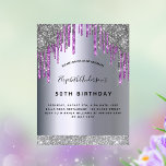 Postal Espuma purpurina morado plateado de fiesta de cump<br><div class="desc">Una invitación moderna, elegante y glamurosa para una fiesta de cumpleaños número 50 (o cualquier edad) de una mujer. Un fondo morado y falso plateado metálico con un falso goteo de purpurina plateado, pinta goteo. El nombre está escrito con un guión moderno de estilo con letras de color negro. Personalice...</div>